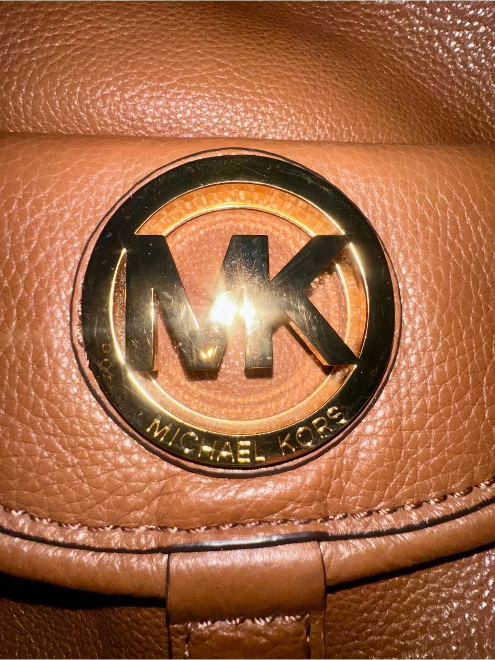 Michael Kors Cognac Leather Shoulder Bag with Gold MK Emblem
